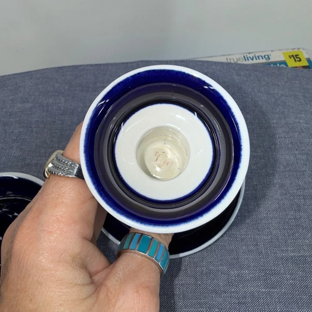 Arabia Finland Valencia Candle Sticks Set 2 Ulla Procope Blue White Hand Painted